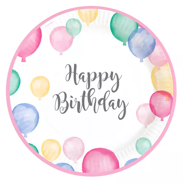 Happy Birthday: 8 buc. farfurie carton cu inscripţie şi model baloane - 23 cm