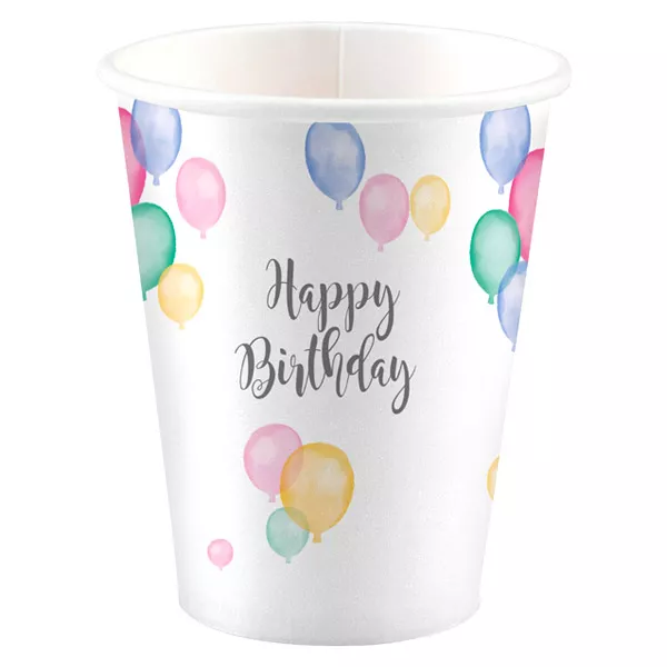 Happy Birthday: 8 buc. pahare carton cu inscripţie şi model baloane - 250 ml