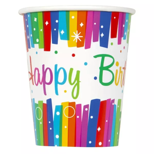 Happy Birthday: 8 buc. pahare carton cu inscripţie - colorat, 270 ml