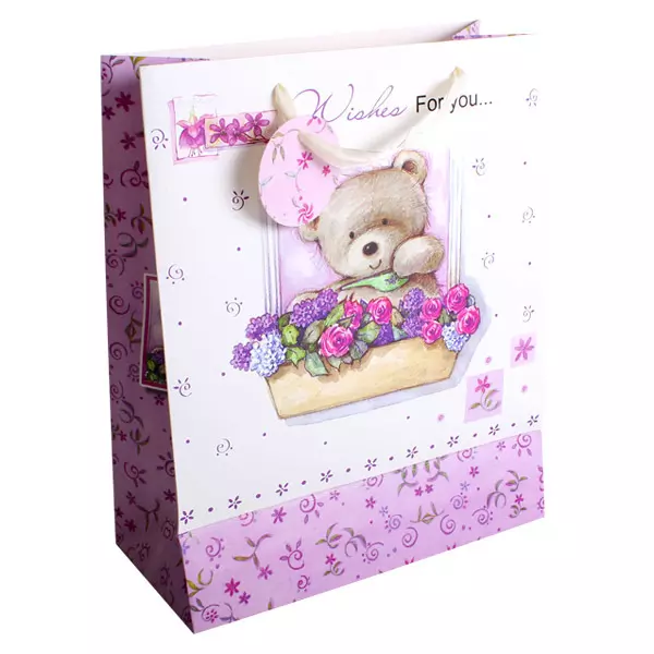 Model ursuleţ de pluş şi flori: pungă cadou - roz, 32 x 26 cm