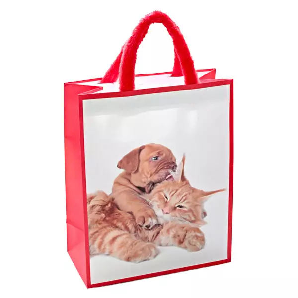 Cica és kutya mintás ajándékzacskó plüss füllel - piros, 26 x 32 cm