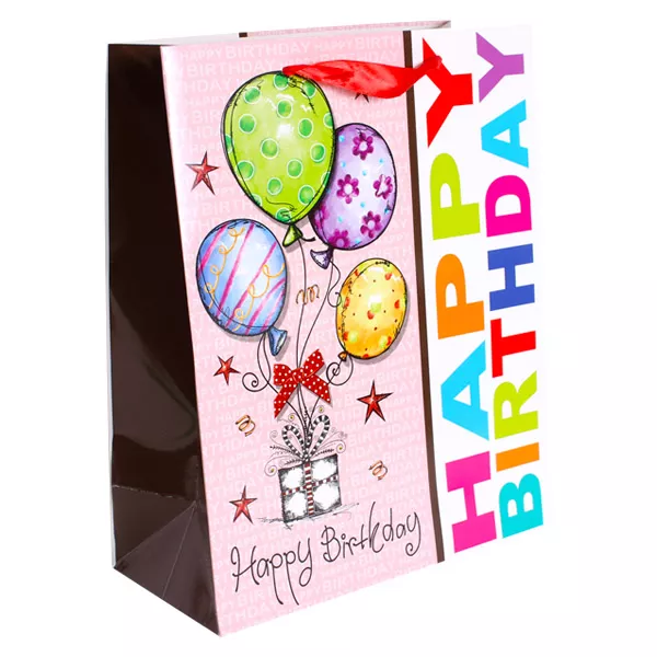 Model baloane şi inscripţie Happy Birthday: pungă cadou - roz, 32 x 26 cm