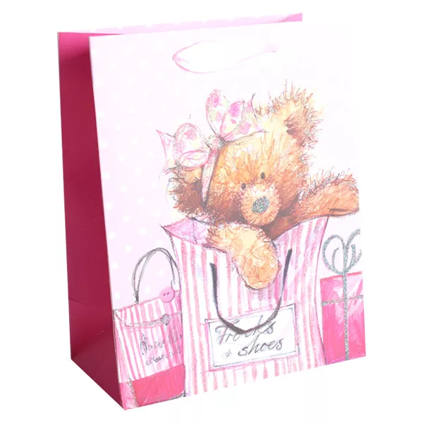 Maci mintás, csillogó ajándékzacskó - rózsaszín, 31 x 42 cm
