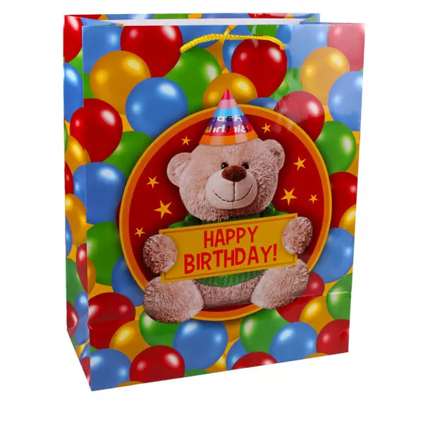 Model ursuleţ şi baloane: pungă cadou - 18 x 23 cm