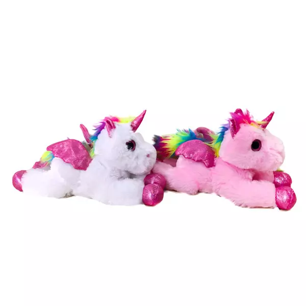 Figurină unicorn din pluş cu picioare şi aripi strălucitoare, versiune culcat - diferite culori, 30 cm