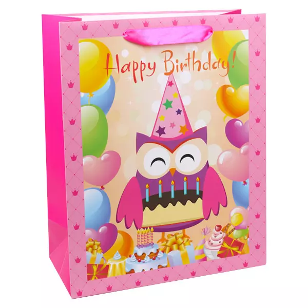 Happy Birthday feliratos, bagoly mintás ajándékzacskó - rózsaszín, 11 x 14 cm