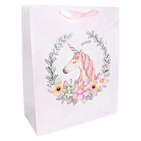 Model unicorn şi flori: pungă cadou strălucitor -18 x 23 cm