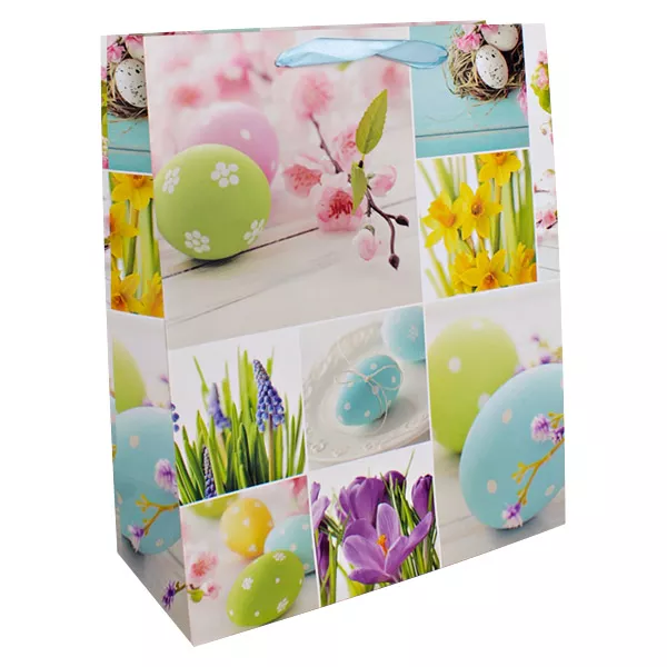 Tojás és virág mintás húsvéti ajándékzacskó - 18 x 23 cm