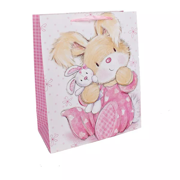 Pizsamás nyuszi mintás ajándékzacskó - rózsaszín, 18 x 23 cm