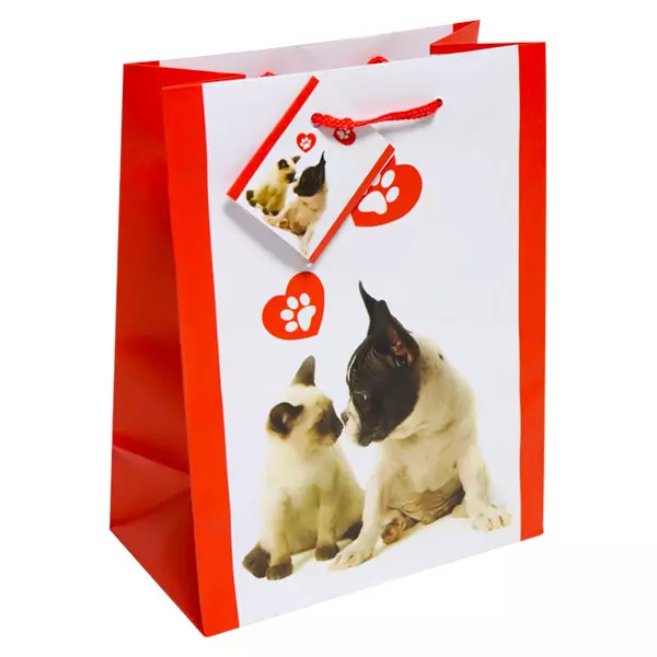 Cica és kutya mintás ajándékzacskó - piros, 18 x 23 cm