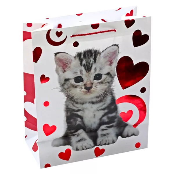 Model pisică şi inimioare: pungă cadou - 18 x 23 cm