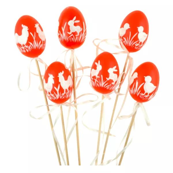 Állat mintás húsvéti tojás pálcikán - piros, 6 cm