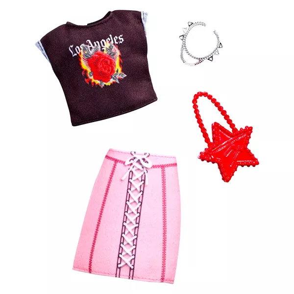 Barbie: Haine asortate - Bluză neagră, fustă roz şi accesorii