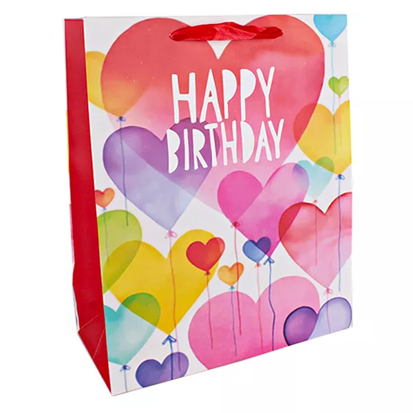Happy Birthday feliratos szívecskelufi mintás ajándékzacskó - 18 x 23 cm 