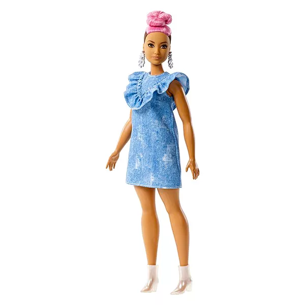 Barbie Fashionistas: păpuşă Barbie molet cu păr roz în rochie albastră 