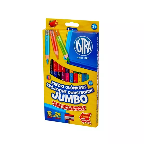 Astra: Jumbo creioane colorate triunghiulare, cu două capete - 12 buc. şi ascuţitoare
