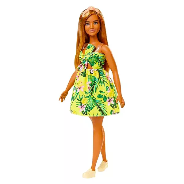 Barbie Fashionistas: Molett barna bőrű baba Sárga levél mintás ruhában 