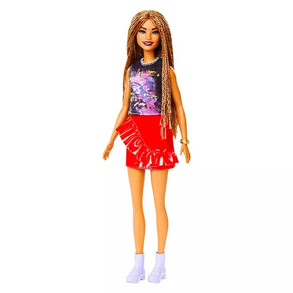 Barbie Fashionistas: Barna bőrű, fonott hajú baba, Piros szoknyában