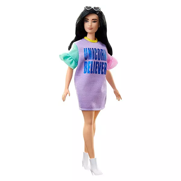 Barbie Fashionistas: păpuşă Barbie molet cu păr negru în tricou mov Unicorn