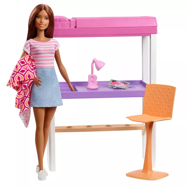 Barbie: Hálószoba bútorszett barna hajú Barbie babával