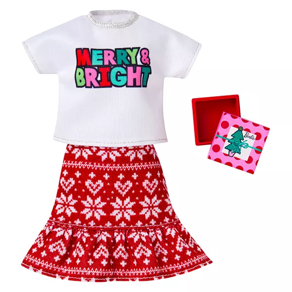 Barbie: karácsonyi ruhaszettek - feliratos póló norvég mintás szoknyával