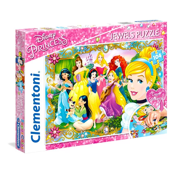 Puzzle Clementoni, Jewels, Prinţesele Disney - 104 piese cu abţibilduri 