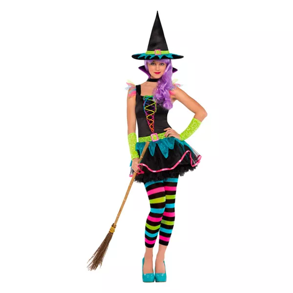 Costum vrăjitoare pentru copii cu pălărie, neon, 146 cm
