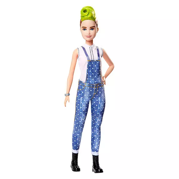 Păpuşă Barbie cu păr verde în pantaloni blugi salopetă, Barbie Fashionistas