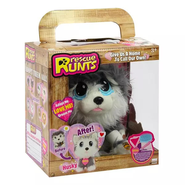 Jucărie de plus Cățel Husky cu set de îngrijire, Rescue Runts