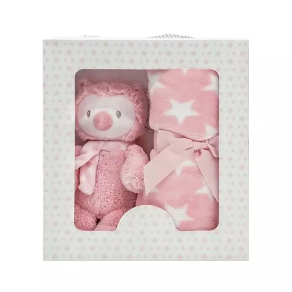 Set figurină de pluș bufniță și pătură în cutie cadou, roz