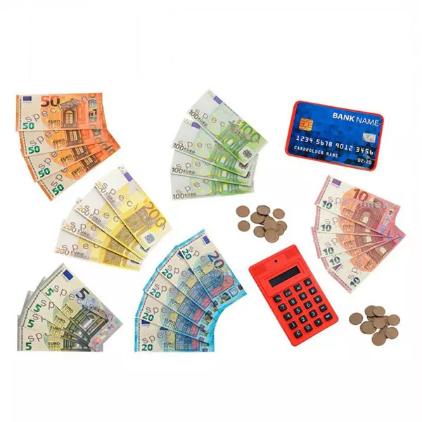 Euró játékpénz, bankkártyával és számológéppel 