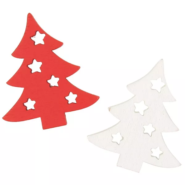 Decorațiune de crăciun, Brazi din lemn în suport transparent, 16 buc. - roșu și alb