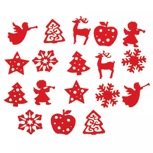Karácsonyi mintás piros filc dekoráció - 18 darabos