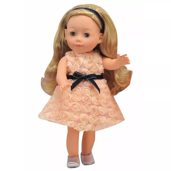 Bambolina: barackszínű, rózsás ruhájú baba - 30 cm