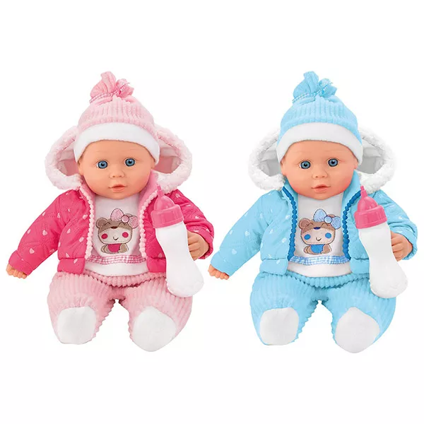 Bimbo: Kislány baba rózsaszín téli ruhában,cumisüveggel - 41cm