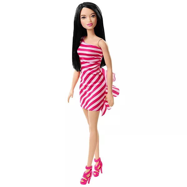 Barbie: Parti Barbie - fekete hajú baba pink csíkos ruhában 