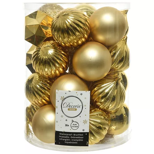 Karácsonyi gömb dekoráció - 26 darabos, arany, 6 cm