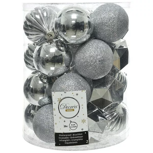 Karácsonyi gömb dekoráció 26 darabos - ezüst, 6 cm
