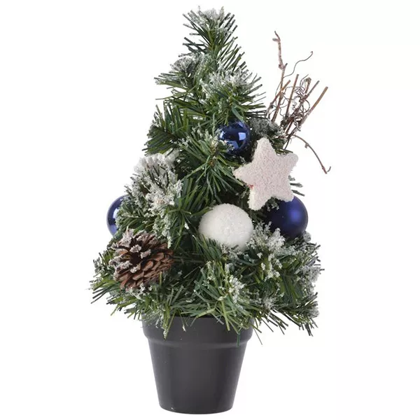 Karácsonyi dekor fenyőfa díszekkel - kék-fehér, 30 cm