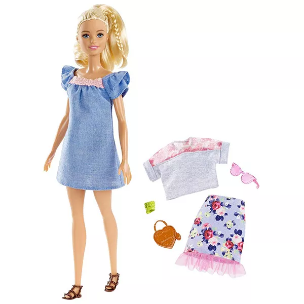 Barbie Fashionistas: păpuşă Barbie blond în rochie albastră și accesorii