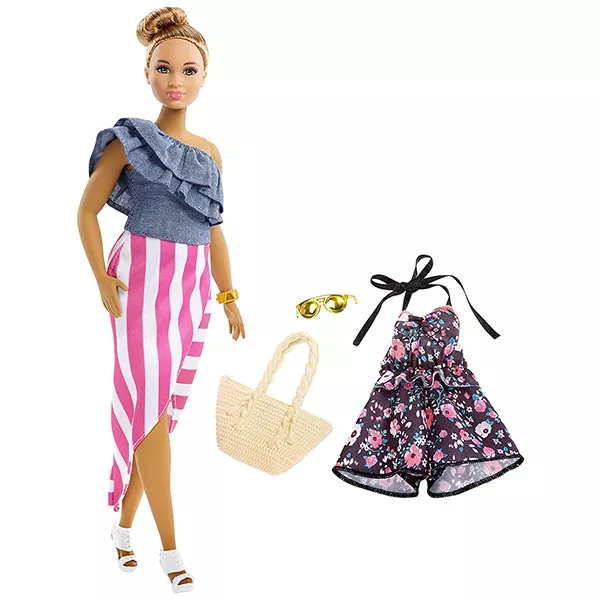 Barbie Fashionistas: păpuşă Barbie brunet în bluză denim, fustă cu dungi și accesorii