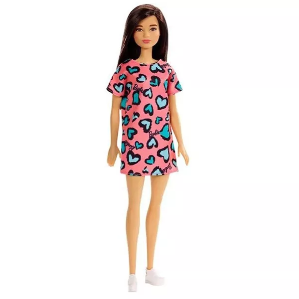 Barbie: Păpușă brunetă în rochie roz cu model inimioare albastre