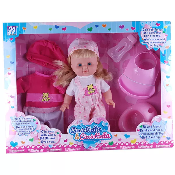 Cicciottella és Cicciotello: Etethető baba kiegészítőkkel, rózsaszín ruhában - 38 cm