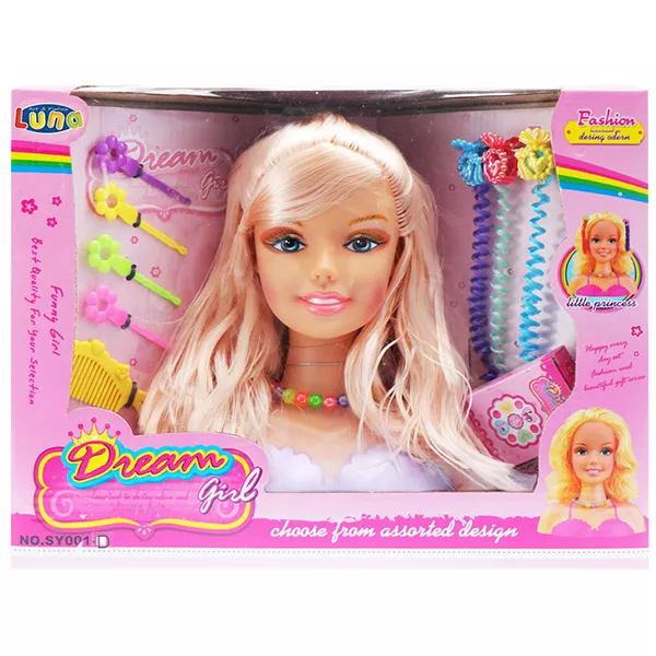 Luna: Szőke hajú babafej kiegészítőkkel