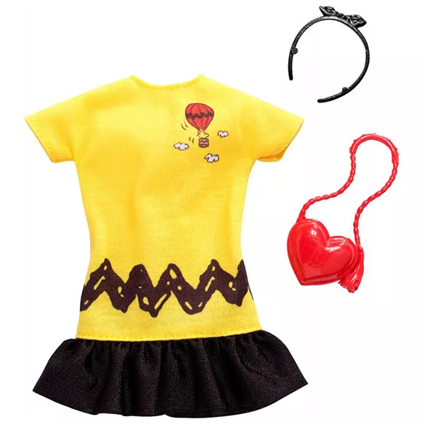Barbie divatőrület: Snoopy mintás sárga-fekete ruha, szívtáskával