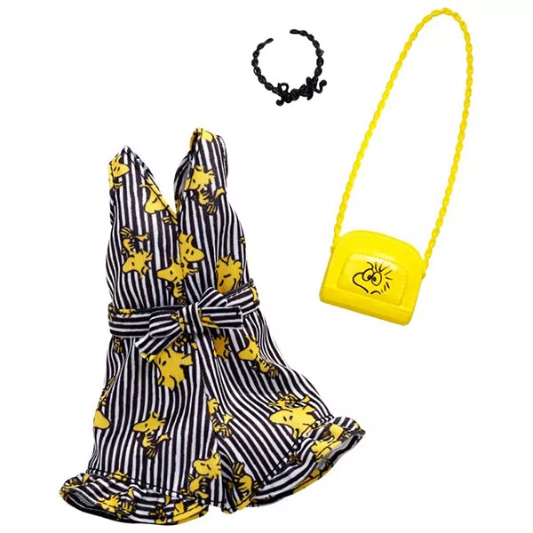 Barbie divatőrület: Snoopy mintás csíkos ruha, sárga táskával