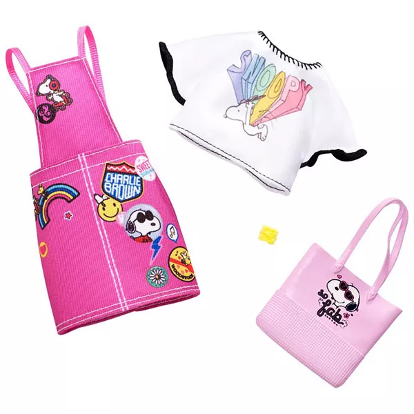 Barbie divatőrület: Snoopy mintás rózsaszín kantáros szoknya,rózsaszín táskával