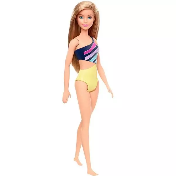 Barbie: Sötétszőke hajú Barbie sárga-sötétkék színű fürdőruhában 
