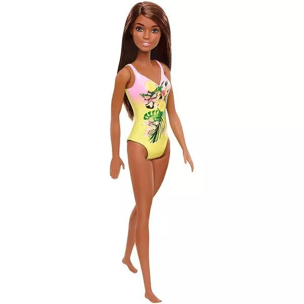 Barbie: Barna bőrű Barbie sárga, virág mintás fürdőruhában 