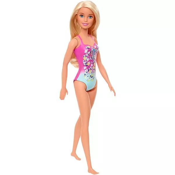 Barbie: Barbie cu păr blond, în costum de baie albastru-roz